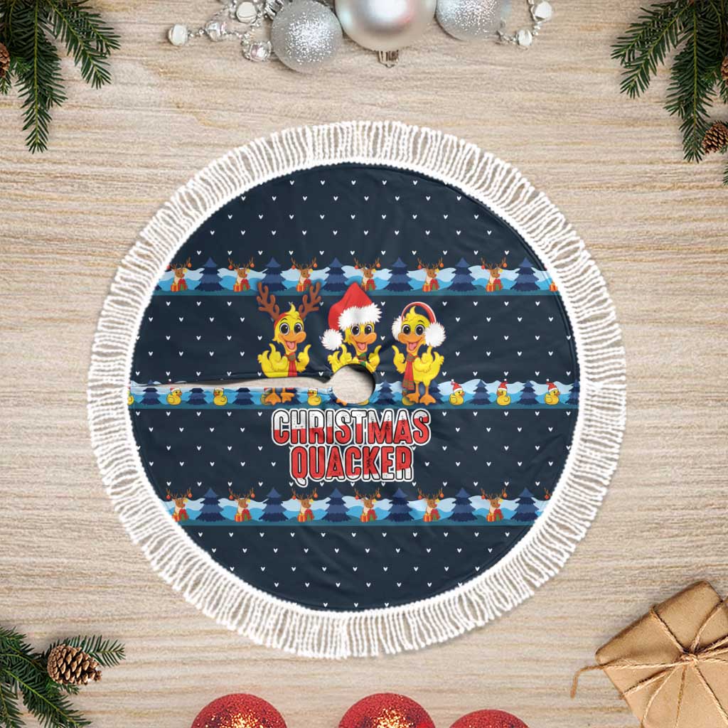 Funny Duck Characters Christmas Quacker Quote Tree Skirt with Navy Tree Pattern Design - Wonder Print Shop