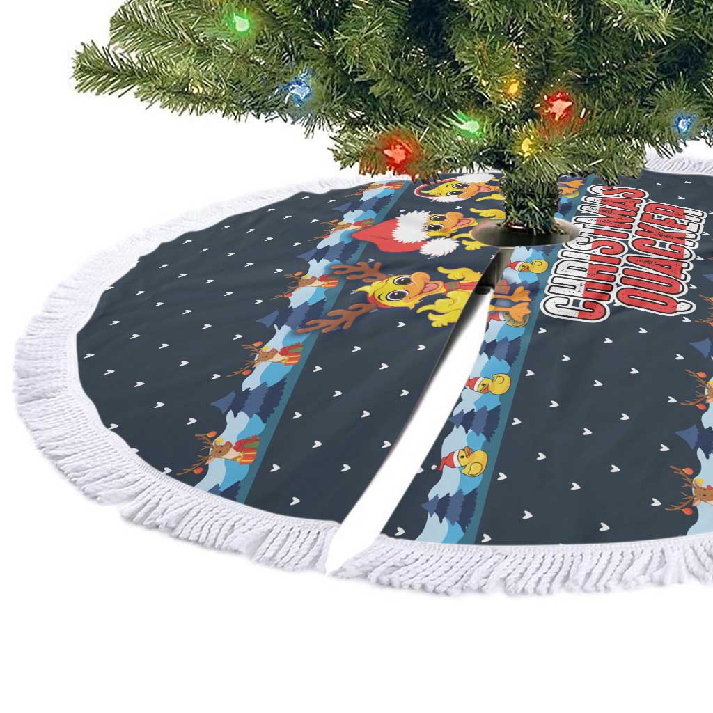 Funny Duck Characters Christmas Quacker Quote Tree Skirt with Navy Tree Pattern Design - Wonder Print Shop
