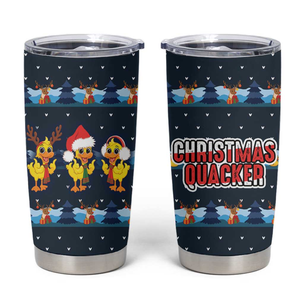 Funny Duck Characters Christmas Quacker Quote Tumbler Cup with Navy Tree Pattern Design - Wonder Print Shop