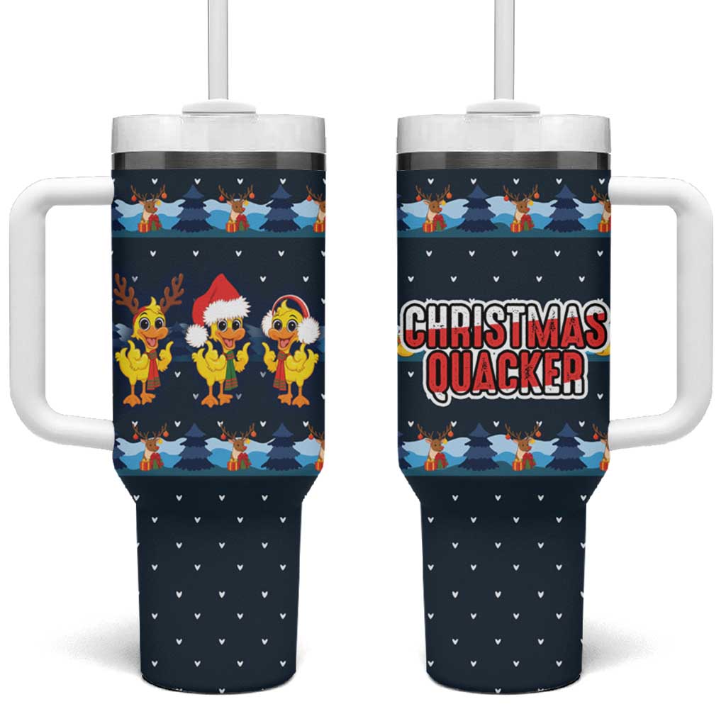 Funny Duck Characters Christmas Quacker Quote Tumbler With Handle with Navy Tree Pattern Design - Wonder Print Shop