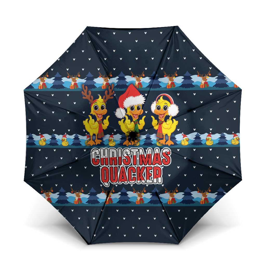 Funny Duck Characters Christmas Quacker Quote Umbrella with Navy Tree Pattern Design - Wonder Print Shop