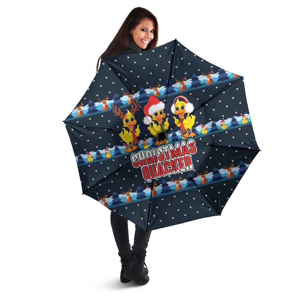 Funny Duck Characters Christmas Quacker Quote Umbrella with Navy Tree Pattern Design - Wonder Print Shop