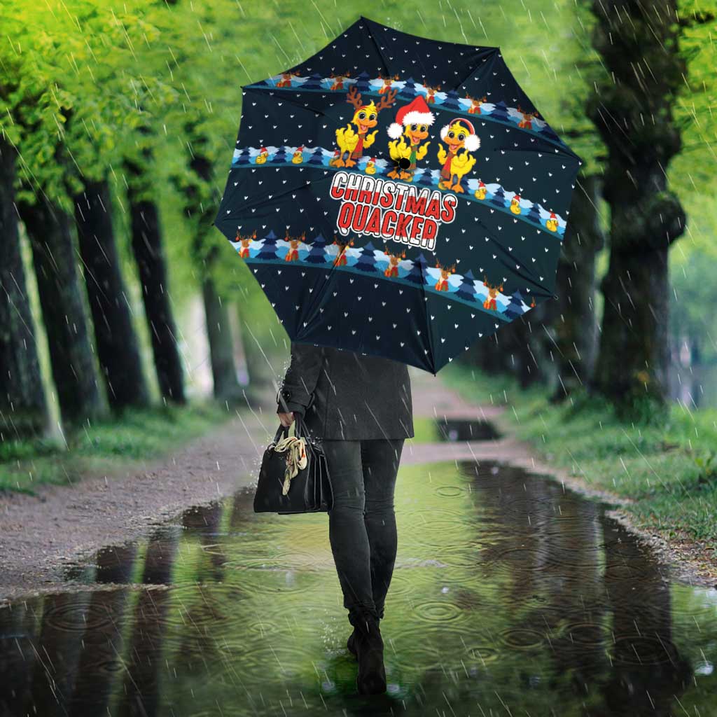 Funny Duck Characters Christmas Quacker Quote Umbrella with Navy Tree Pattern Design - Wonder Print Shop