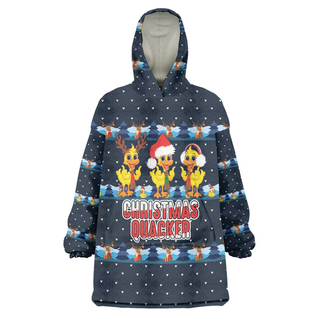 Funny Duck Characters Christmas Quacker Quote Wearable Blanket Hoodie with Navy Tree Pattern Design - Wonder Print Shop