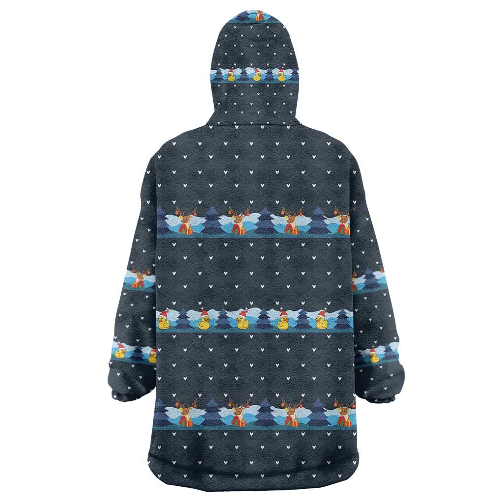 Funny Duck Characters Christmas Quacker Quote Wearable Blanket Hoodie with Navy Tree Pattern Design - Wonder Print Shop