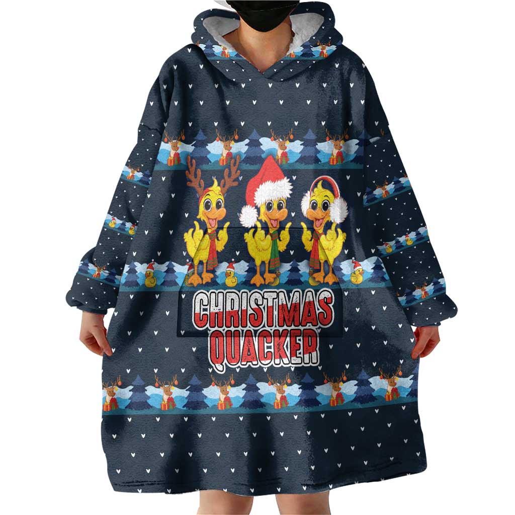 Funny Duck Characters Christmas Quacker Quote Wearable Blanket Hoodie with Navy Tree Pattern Design - Wonder Print Shop