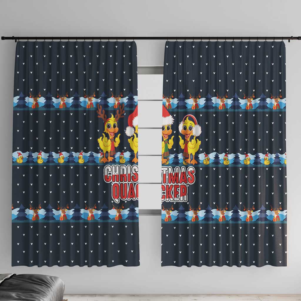 Funny Duck Characters Christmas Quacker Quote Window Curtain with Navy Tree Pattern Design - Wonder Print Shop