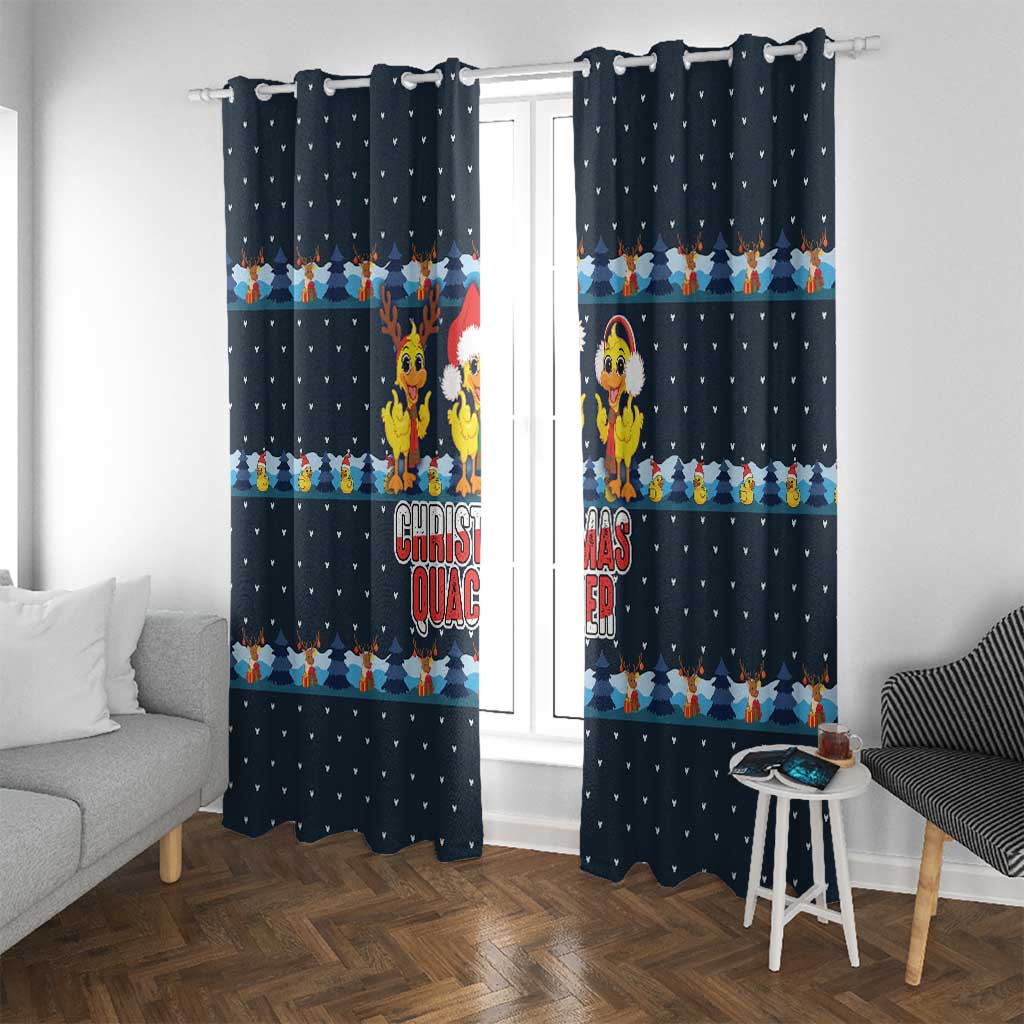Funny Duck Characters Christmas Quacker Quote Window Curtain with Navy Tree Pattern Design - Wonder Print Shop