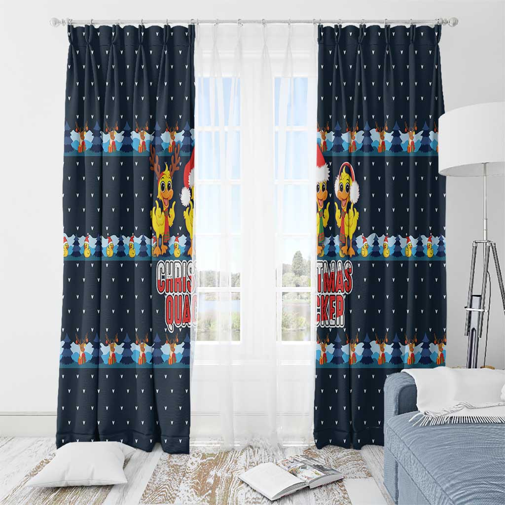 Funny Duck Characters Christmas Quacker Quote Window Curtain with Navy Tree Pattern Design - Wonder Print Shop