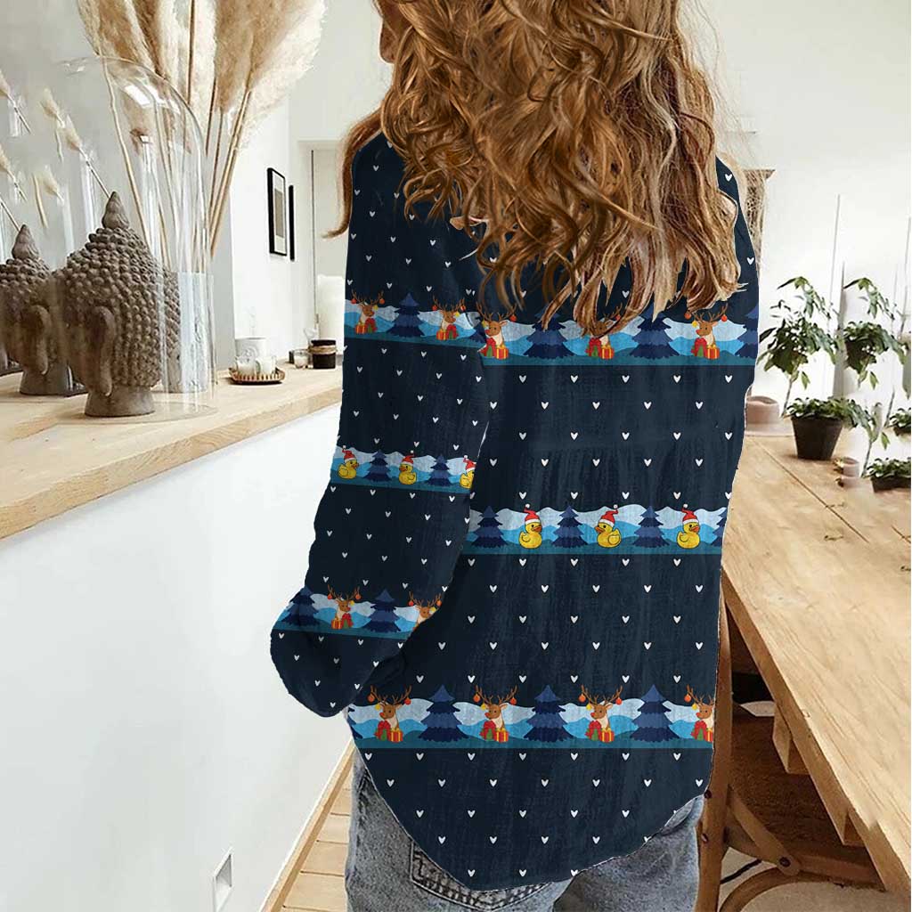 Funny Duck Characters Christmas Quacker Quote Women Casual Shirt with Navy Tree Pattern Design - Wonder Print Shop