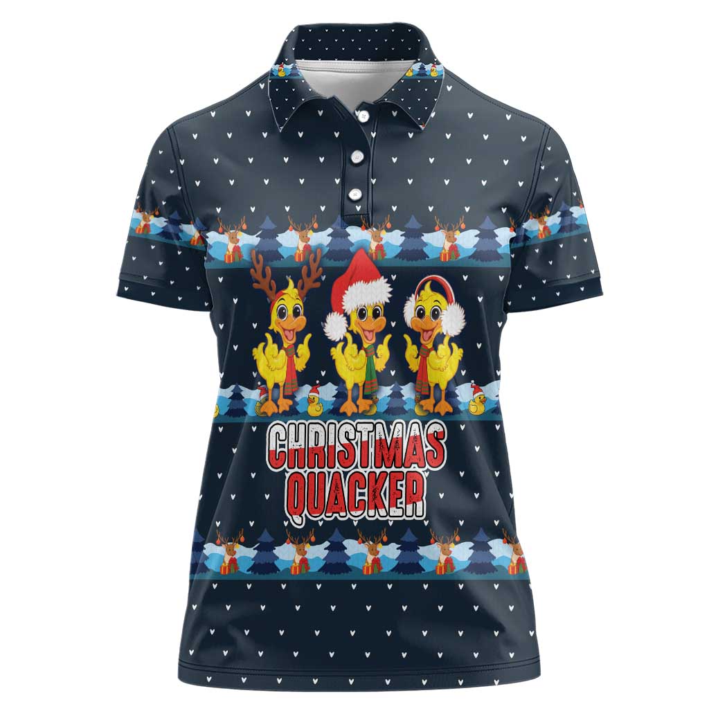 Funny Duck Characters Christmas Quacker Quote Women Polo Shirt with Navy Tree Pattern Design - Wonder Print Shop