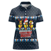 Funny Duck Characters Christmas Quacker Quote Women Polo Shirt with Navy Tree Pattern Design - Wonder Print Shop