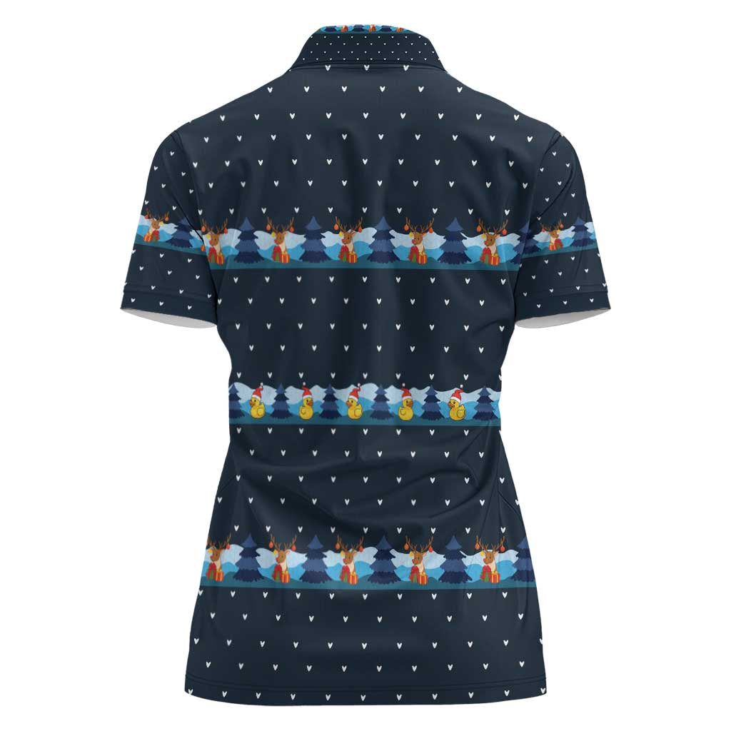 Funny Duck Characters Christmas Quacker Quote Women Polo Shirt with Navy Tree Pattern Design - Wonder Print Shop