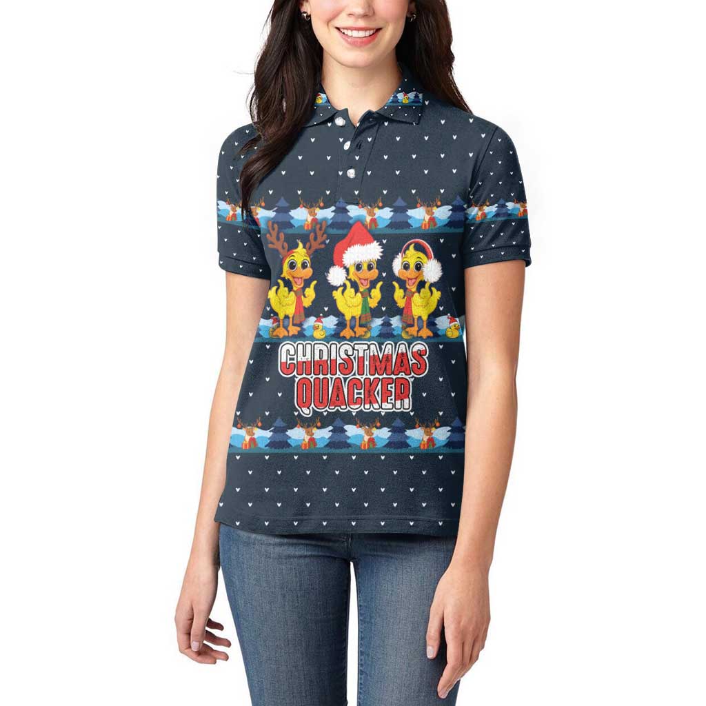 Funny Duck Characters Christmas Quacker Quote Women Polo Shirt with Navy Tree Pattern Design - Wonder Print Shop