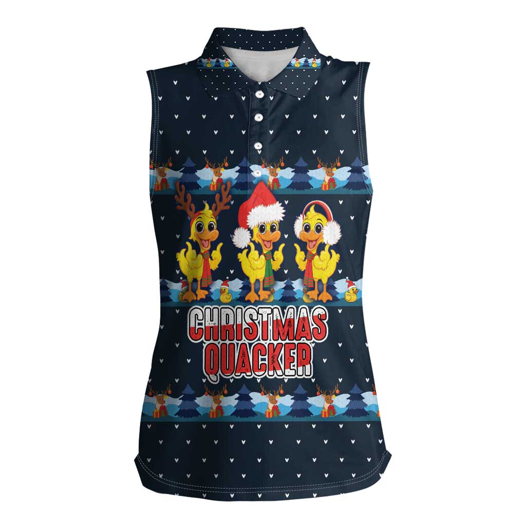 Funny Duck Characters Christmas Quacker Quote Women Sleeveless Polo Shirt with Navy Tree Pattern Design - Wonder Print Shop