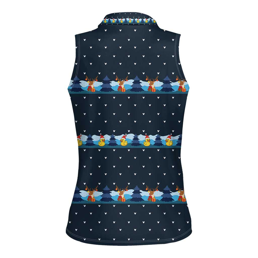 Funny Duck Characters Christmas Quacker Quote Women Sleeveless Polo Shirt with Navy Tree Pattern Design - Wonder Print Shop