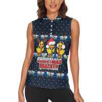 Funny Duck Characters Christmas Quacker Quote Women Sleeveless Polo Shirt with Navy Tree Pattern Design - Wonder Print Shop