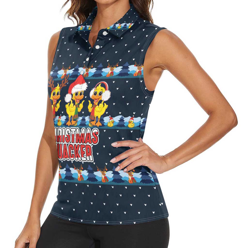 Funny Duck Characters Christmas Quacker Quote Women Sleeveless Polo Shirt with Navy Tree Pattern Design - Wonder Print Shop
