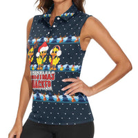 Funny Duck Characters Christmas Quacker Quote Women Sleeveless Polo Shirt with Navy Tree Pattern Design - Wonder Print Shop