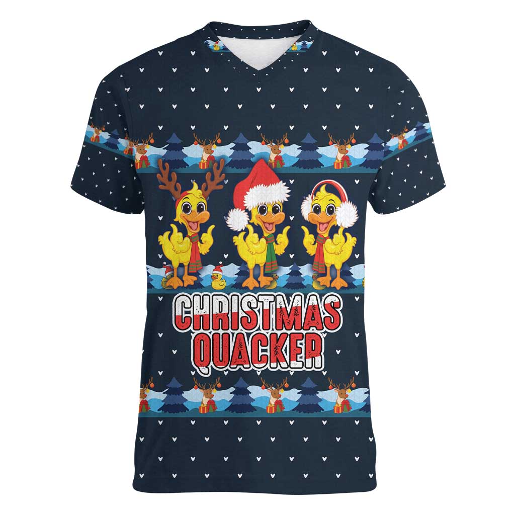 Funny Duck Characters Christmas Quacker Quote Women V-Neck T-Shirt with Navy Tree Pattern Design - Wonder Print Shop