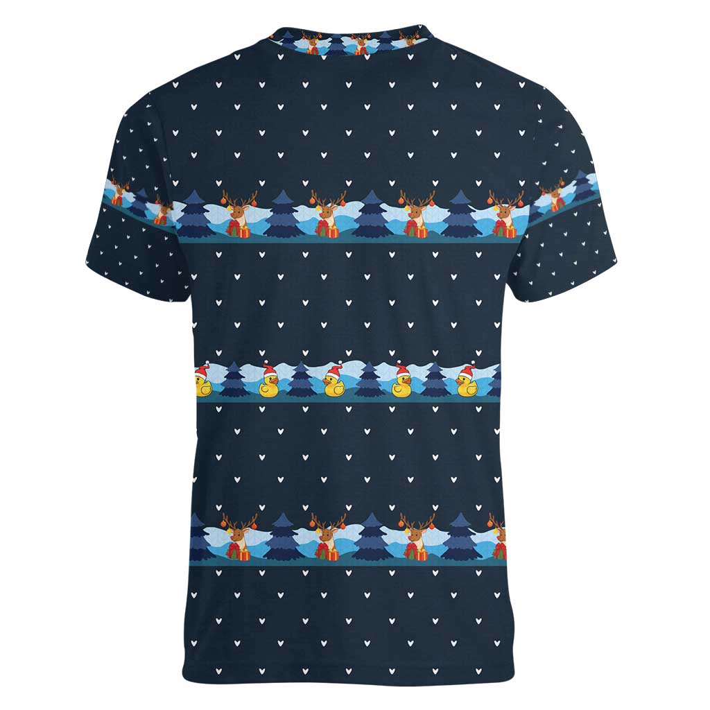Funny Duck Characters Christmas Quacker Quote Women V-Neck T-Shirt with Navy Tree Pattern Design - Wonder Print Shop