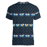 Funny Duck Characters Christmas Quacker Quote Women V-Neck T-Shirt with Navy Tree Pattern Design - Wonder Print Shop