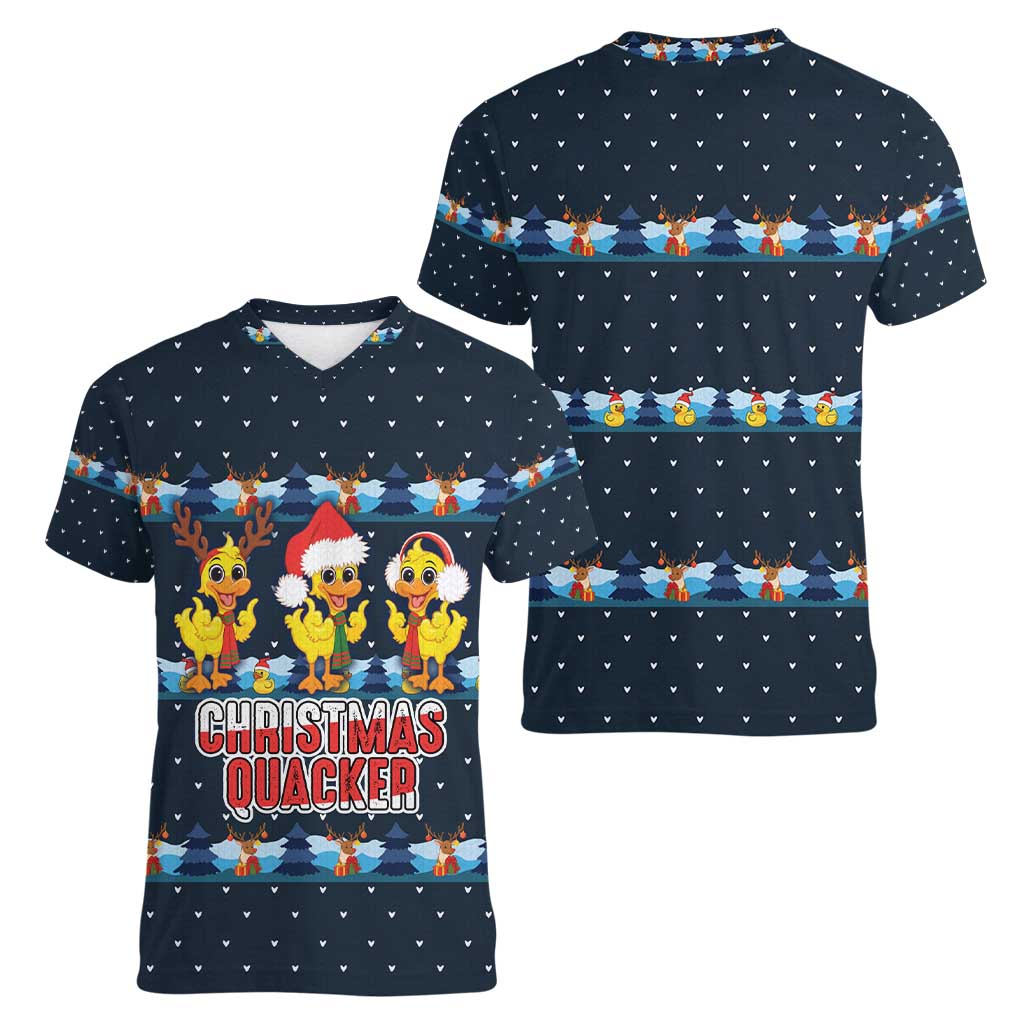 Funny Duck Characters Christmas Quacker Quote Women V-Neck T-Shirt with Navy Tree Pattern Design - Wonder Print Shop