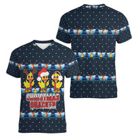 Funny Duck Characters Christmas Quacker Quote Women V-Neck T-Shirt with Navy Tree Pattern Design - Wonder Print Shop