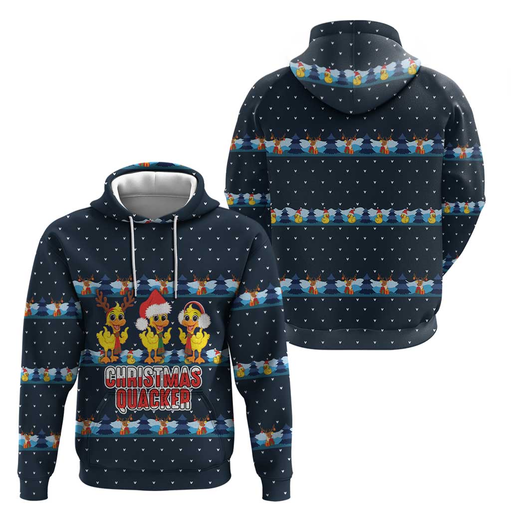 Funny Duck Characters Christmas Quacker Quote Zip Hoodie with Navy Tree Pattern Design - Wonder Print Shop