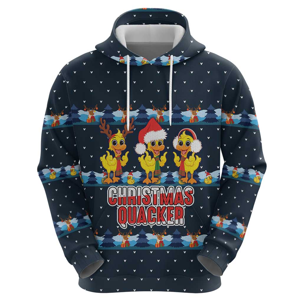Funny Duck Characters Christmas Quacker Quote Zip Hoodie with Navy Tree Pattern Design - Wonder Print Shop