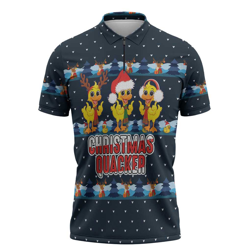 Funny Duck Characters Christmas Quacker Quote Zipper Polo Shirt with Navy Tree Pattern Design - Wonder Print Shop