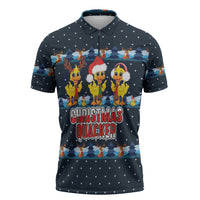 Funny Duck Characters Christmas Quacker Quote Zipper Polo Shirt with Navy Tree Pattern Design - Wonder Print Shop
