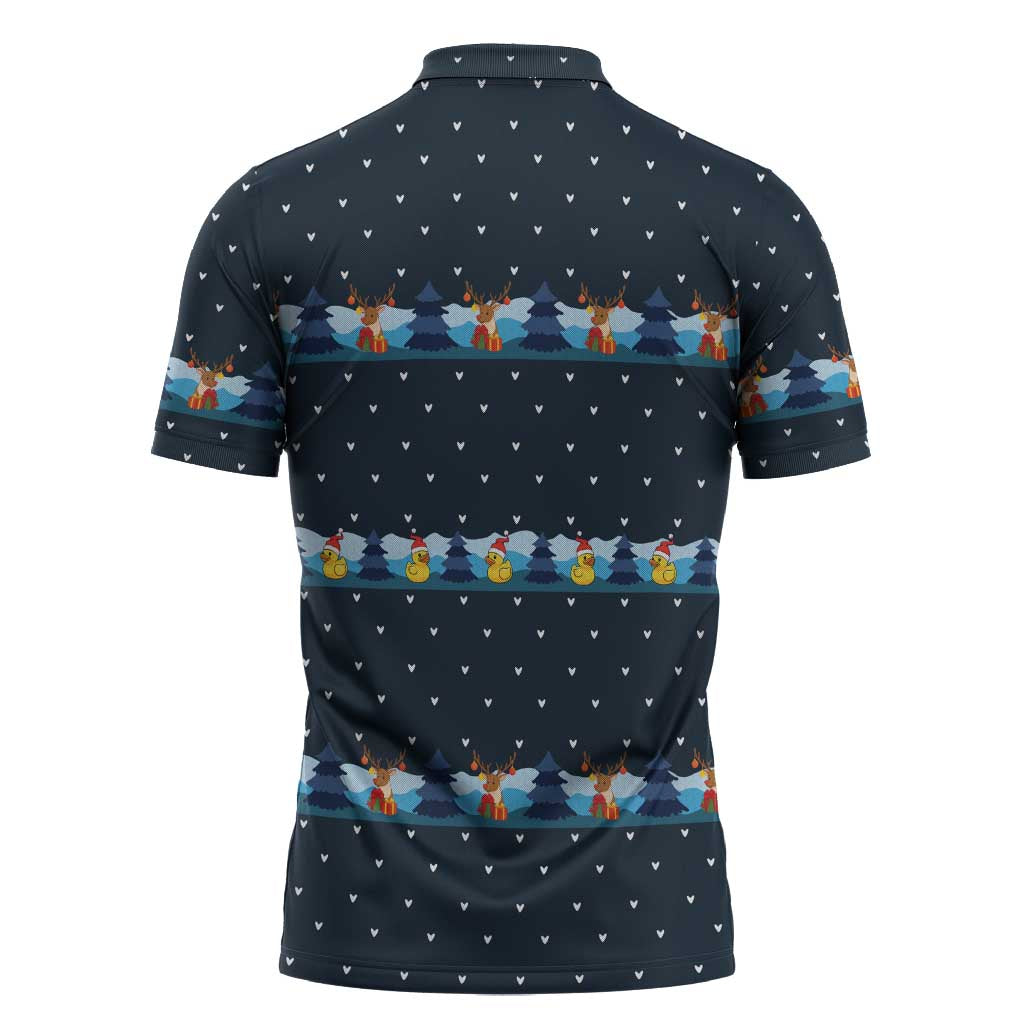 Funny Duck Characters Christmas Quacker Quote Zipper Polo Shirt with Navy Tree Pattern Design - Wonder Print Shop
