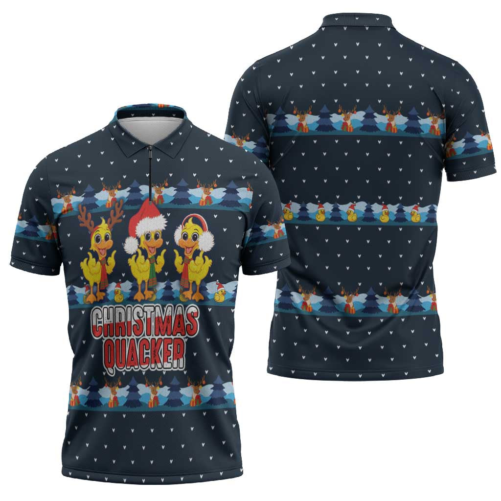 Funny Duck Characters Christmas Quacker Quote Zipper Polo Shirt with Navy Tree Pattern Design - Wonder Print Shop