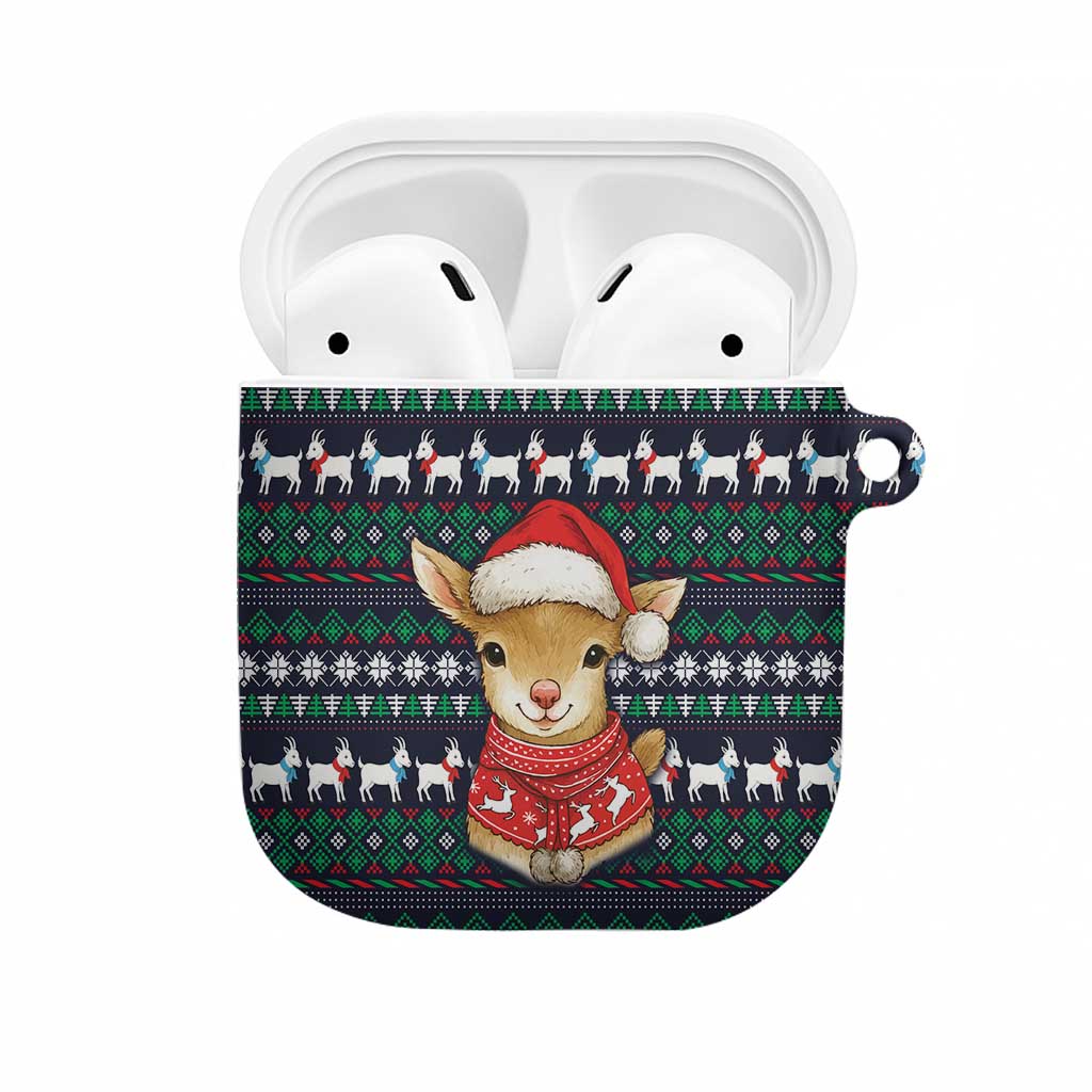 Cute Reindeer in Santa Hat AirPods Case with Red Green Snowflake Knit Pattern Design - Wonder Print Shop