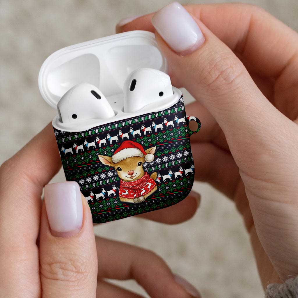 Cute Reindeer in Santa Hat AirPods Case with Red Green Snowflake Knit Pattern Design - Wonder Print Shop