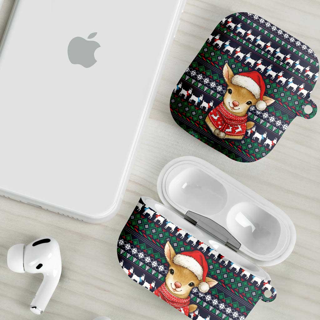 Cute Reindeer in Santa Hat AirPods Case with Red Green Snowflake Knit Pattern Design - Wonder Print Shop