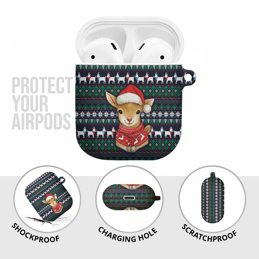 Cute Reindeer in Santa Hat AirPods Case with Red Green Snowflake Knit Pattern Design - Wonder Print Shop