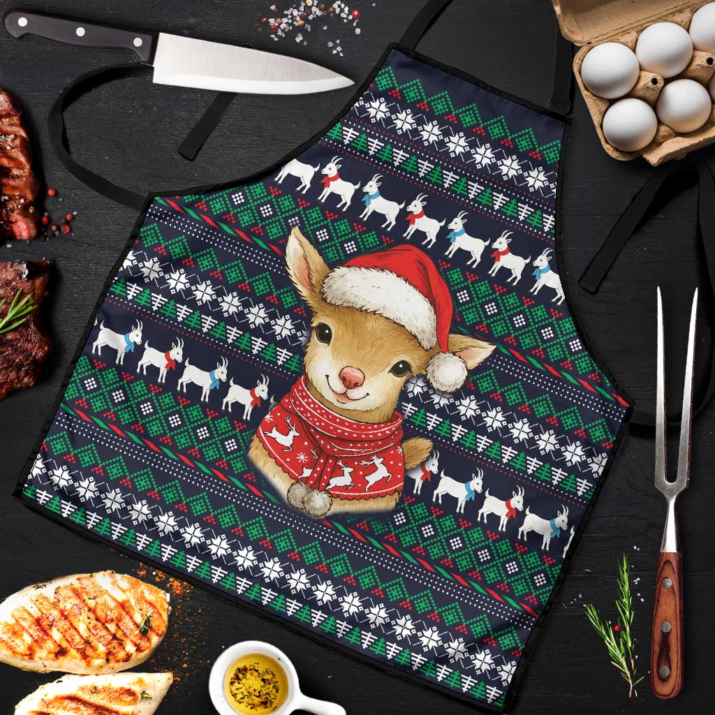 Cute Reindeer in Santa Hat Apron with Red Green Snowflake Knit Pattern Design - Wonder Print Shop