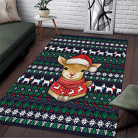 Cute Reindeer in Santa Hat Area Rug with Red Green Snowflake Knit Pattern Design - Wonder Print Shop