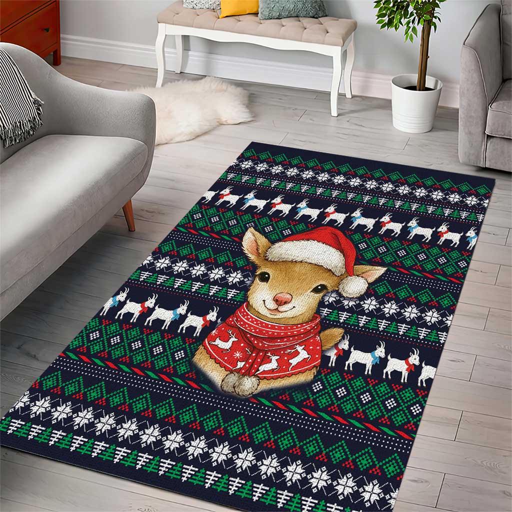 Cute Reindeer in Santa Hat Area Rug with Red Green Snowflake Knit Pattern Design - Wonder Print Shop