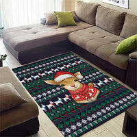 Cute Reindeer in Santa Hat Area Rug with Red Green Snowflake Knit Pattern Design - Wonder Print Shop