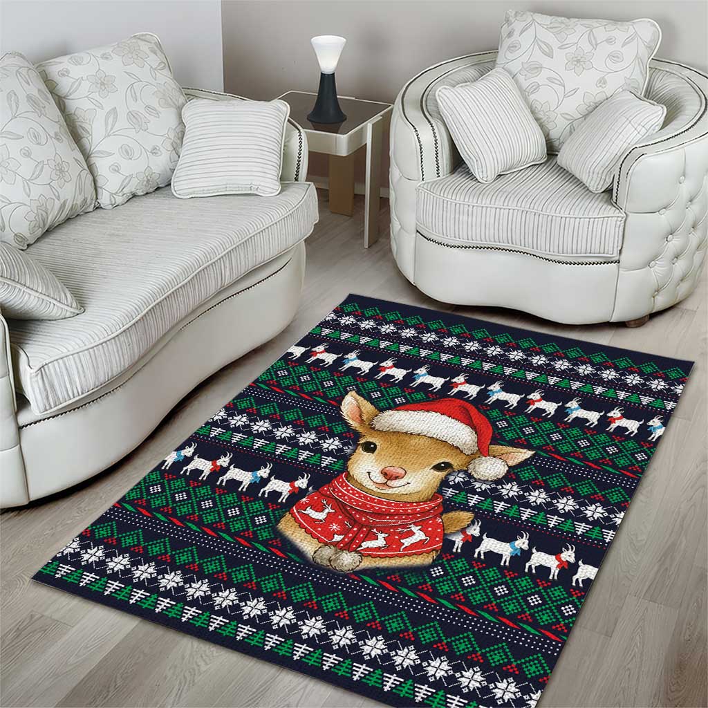 Cute Reindeer in Santa Hat Area Rug with Red Green Snowflake Knit Pattern Design - Wonder Print Shop