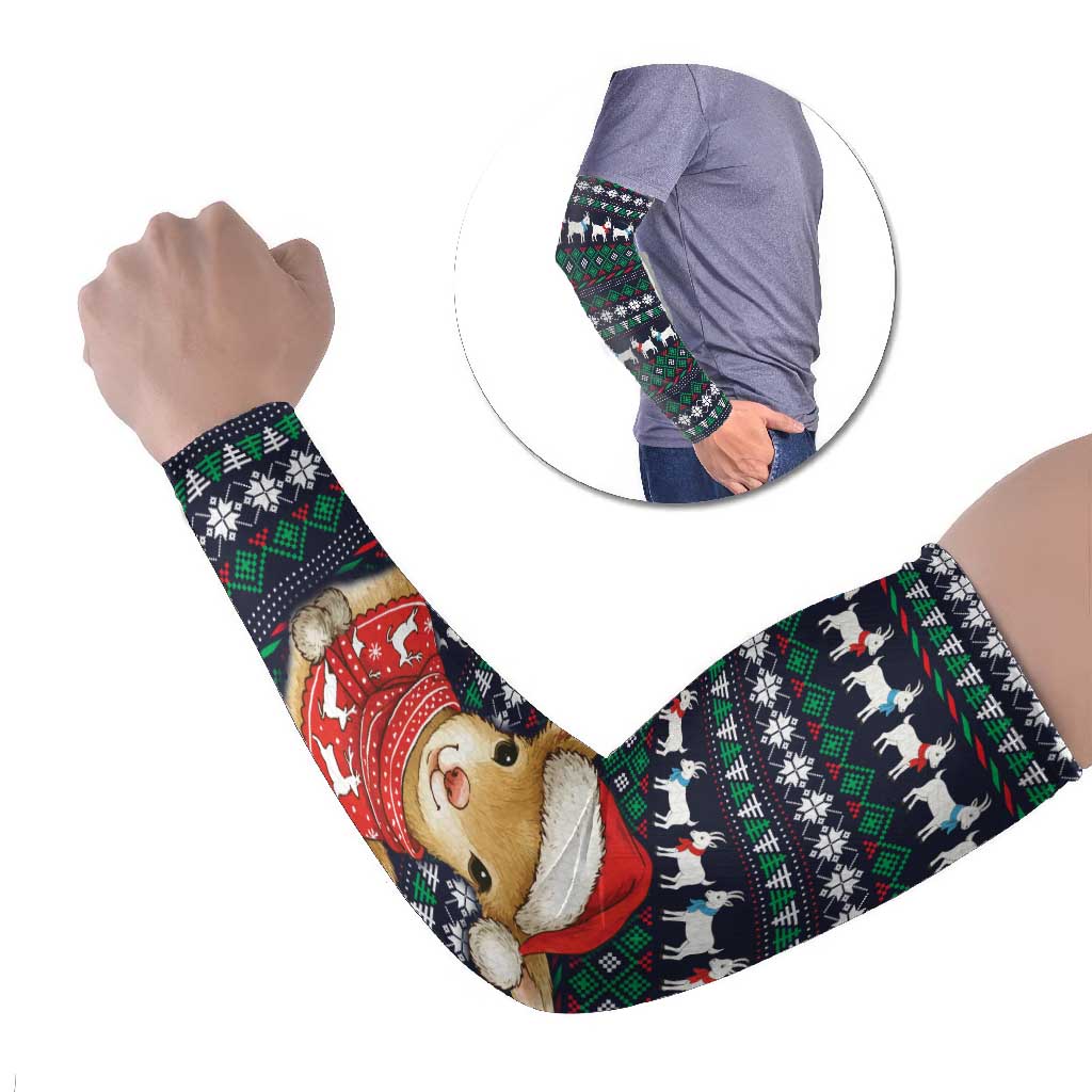 Cute Reindeer in Santa Hat Arm Sleeves with Red Green Snowflake Knit Pattern Design - Wonder Print Shop