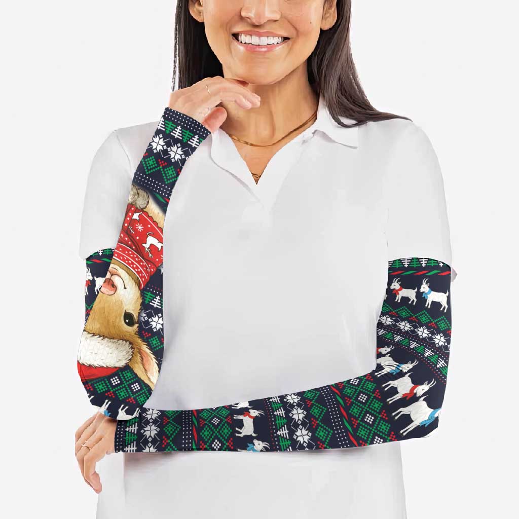 Cute Reindeer in Santa Hat Arm Sleeves with Red Green Snowflake Knit Pattern Design - Wonder Print Shop