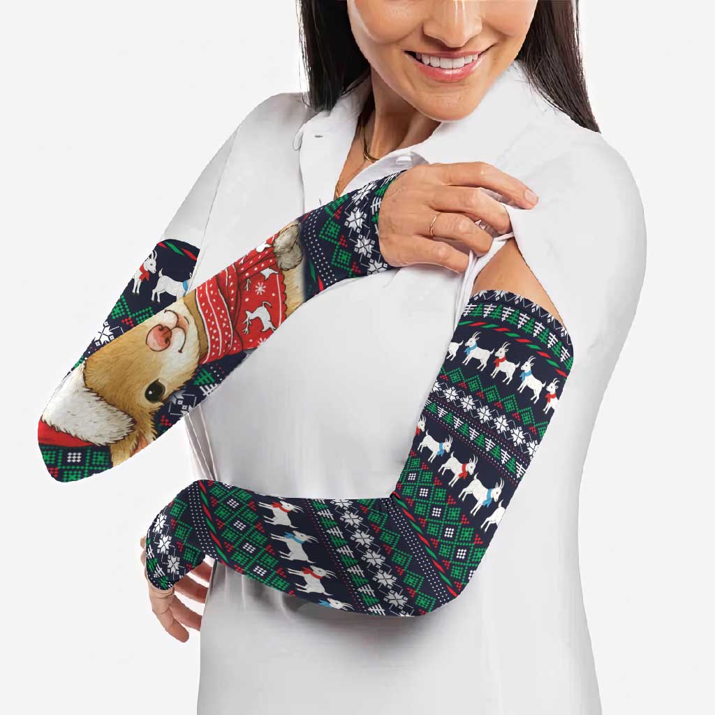 Cute Reindeer in Santa Hat Arm Sleeves with Red Green Snowflake Knit Pattern Design - Wonder Print Shop