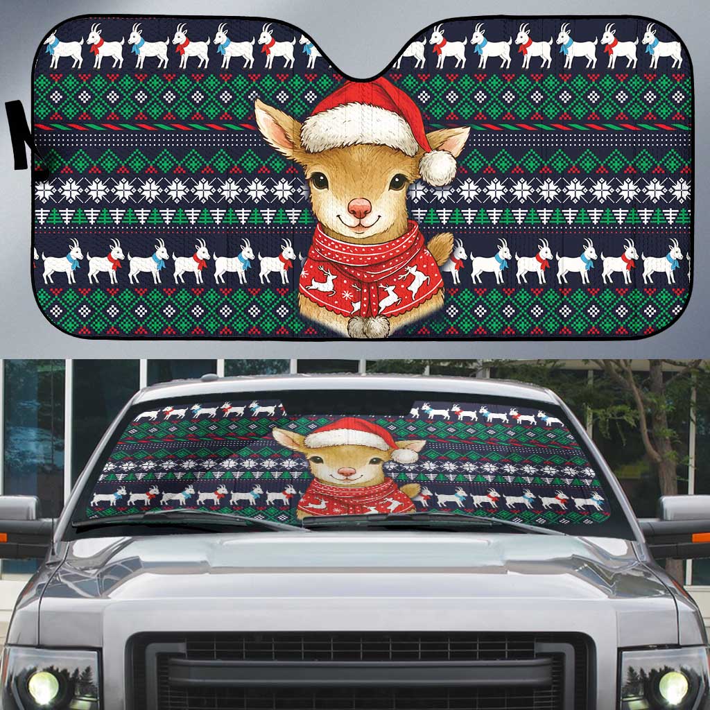 Cute Reindeer in Santa Hat Auto Sun Shade with Red Green Snowflake Knit Pattern Design - Wonder Print Shop
