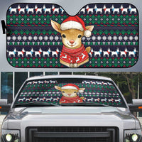 Cute Reindeer in Santa Hat Auto Sun Shade with Red Green Snowflake Knit Pattern Design - Wonder Print Shop