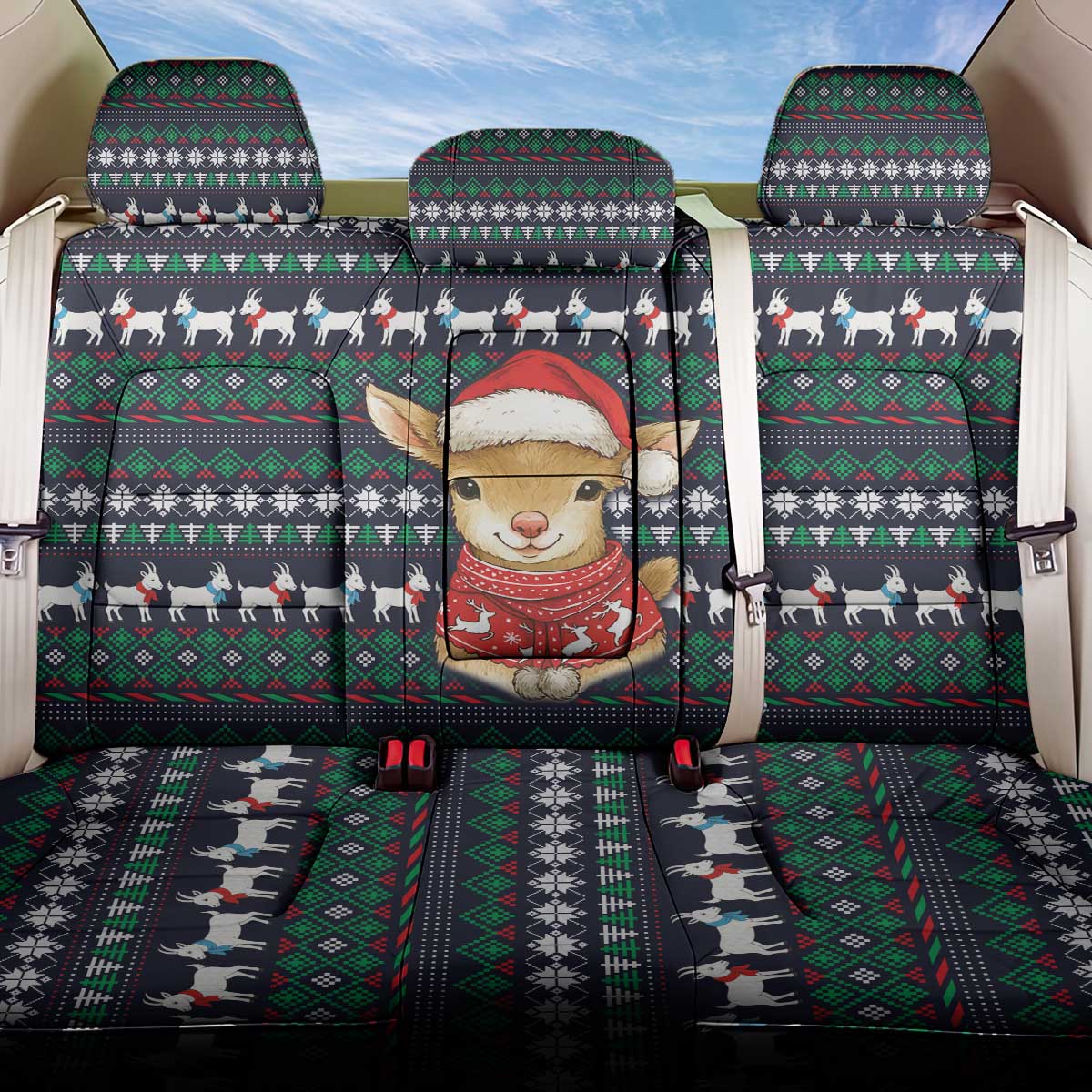 Cute Reindeer in Santa Hat Back Car Seat Cover with Red Green Snowflake Knit Pattern Design - Wonder Print Shop