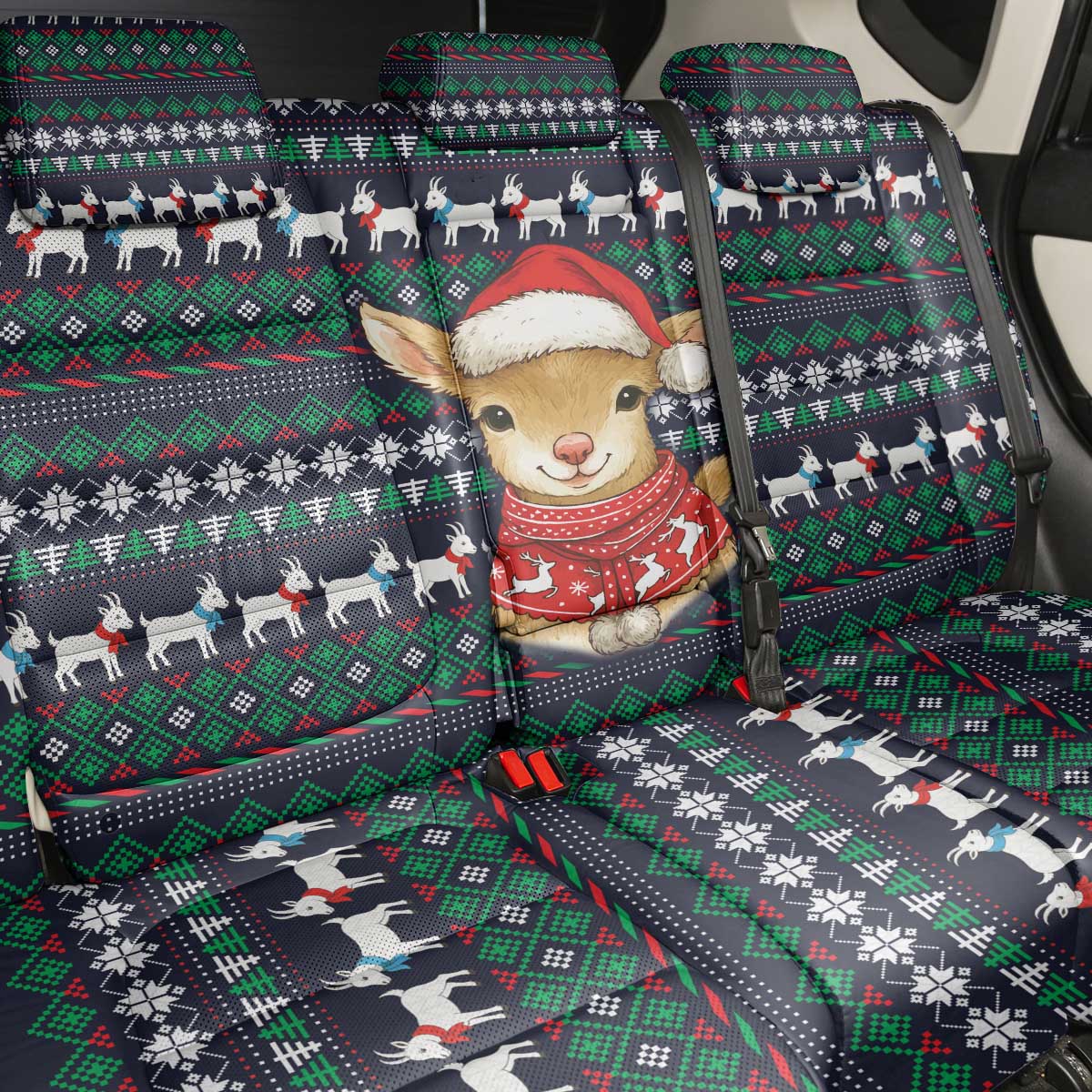 Cute Reindeer in Santa Hat Back Car Seat Cover with Red Green Snowflake Knit Pattern Design - Wonder Print Shop